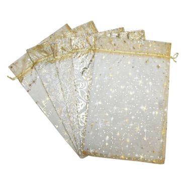 Подарочный мешок текстильный ОРГАНЗА Золотой 5 дизайнов 20х30см 1/50/250