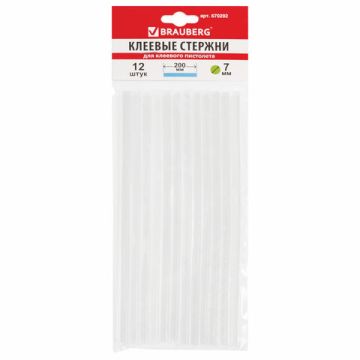 Клеевые стержни, диаметр 7 мм, длина 200 мм, прозрачные, комплект 12 шт., BRAUBERG 1/50/100