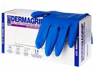 Перчатки смотровые нест сверхпрочные латекс синие Dermagrip powder free S (6-7) 27г High Risk 25/250