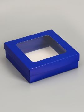 Коробка с окном 200х200х60мм картонная синяя 5/275