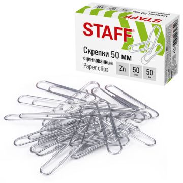 Скрепки 50мм 50шт большие оцинкованные в картонной коробке STAFF 1/10/300