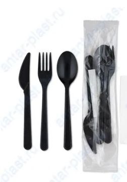 Набор одноразовой посуды №5 (вилка, столовая ложка, нож, зубочистка, салфетка) черный ПРЕМИУМ 1/500