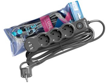 Удлинитель сетевой 3м 3 розетки 10А USB черный Космос (ПЭТ) 1/1