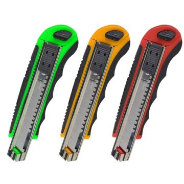 Нож канцелярский 18 мм BRAUBERG, автофиксатор, резиновые вставки, + 6 лезвий, блистер 1/12/144