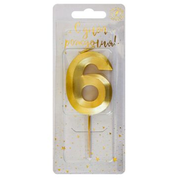 Свеча для торта Золотая витая Цифра 6 1/30