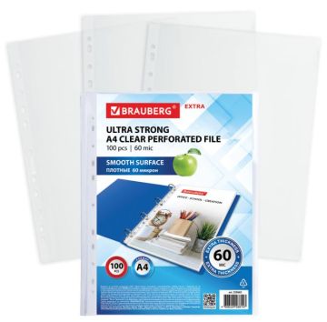 Перфофайлы А4 60мкм перфорированные плотные 100шт глянец BRAUBERG 1/20 