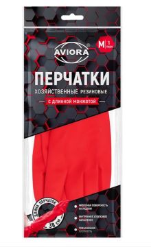 Резиновые перчатки с х/б напыл латекс хозяйств с удлин манжетой 38см Aviora разм М 98гр 1/12/60