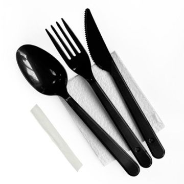 Набор одноразовой посуды №5 (вилка, столовая ложка, нож, зубочистка, салфетка) черный1/300