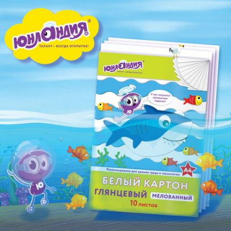 Белый картон 10л А4 мелованный в папке ЮНЛАНДИЯ 1/50