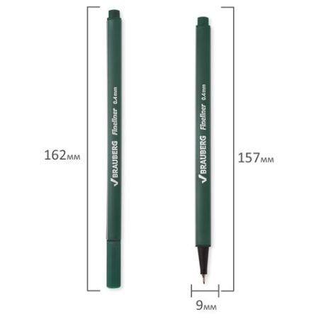 Ручка капиллярная (линер) BRAUBERG Aero, ТЕМНО-ЗЕЛЕНАЯ, трехгр., металлич. наконечник, 0,4мм, 142251