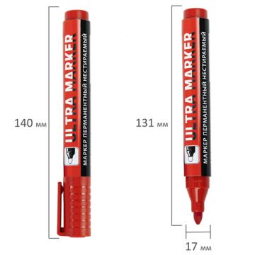 Маркер перманентный ULTRA MARKER, КРАСНЫЙ, 3,5 мм, с клипом, BRAUBERG 1/12 (Клиент)