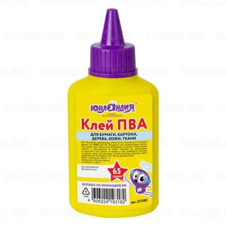 Клей ПВА 65г бумага картон дерево ЮНЛАНДИЯ 1/80