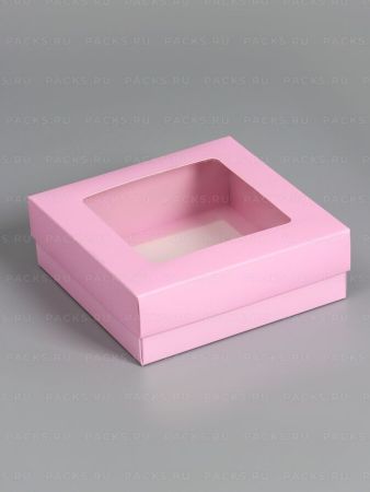 Коробка с окном 150х150х50мм картонная розовая 5/350