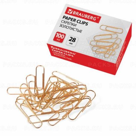 Скрепки 28мм 100шт золотистые BRAUBERG 1/10/300