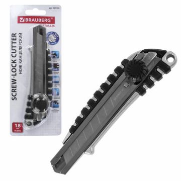 Нож канцелярский 18мм роликовый фиксатор резиновые вставки металл Metallic Brauberg 1/12/144