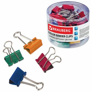 Зажимы для бумаг BRAUBERG КОМПЛЕКТ 48шт 25мм на 100л цветные в пласт. цилиндре 1/48