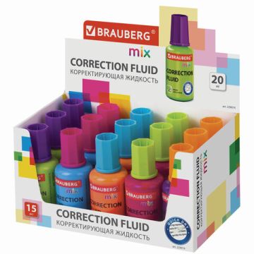 Корректирующая жидкость штрих 20мл флакон с кисточкой быстросохнущая MIX BRAUBERG 1/15