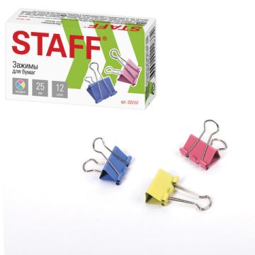 Зажимы для бумаг 25мм на 100л (12шт) цветные в картонной коробке Staff 1/12