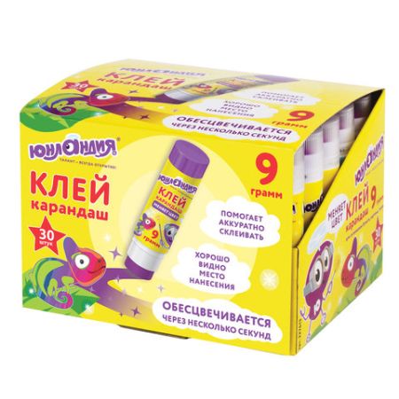 Клей-карандаш 09г обесцвечивающийся цветной ЮНЛАНДИЯ 1/30/1080
