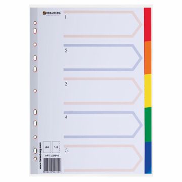 Разделитель пластиковый BRAUBERG для папок А4, по цветам 5цв., с оглавлением, 221846