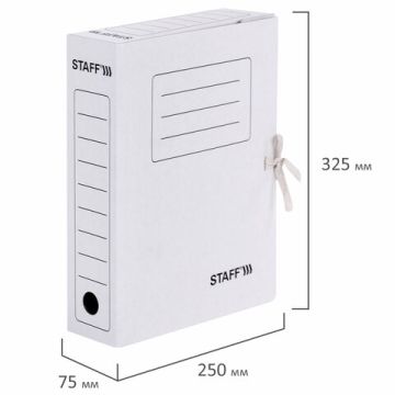 Папка архивная с завязками А4 (325х250мм), 75мм, до 700л, микрогофрокартон, БЕЛАЯ, STAFF, 128869