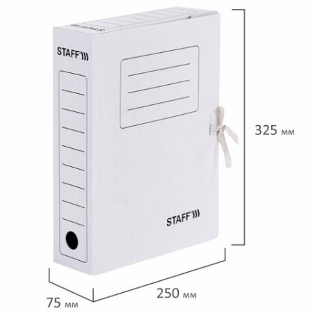 Папка архивная с завязками А4 (325х250мм), 75мм, до 700л, микрогофрокартон, БЕЛАЯ, STAFF, 128869