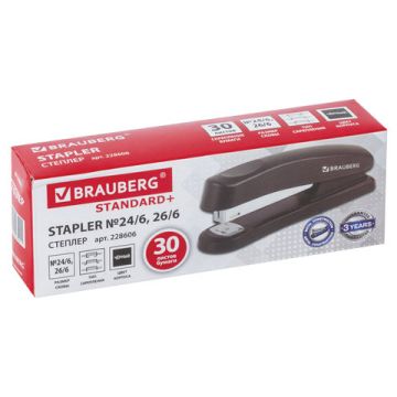 Степлер №24/6, 26/6 BRAUBERG Standard+ до 30 листов полнозагрузочный черный 1/12/96