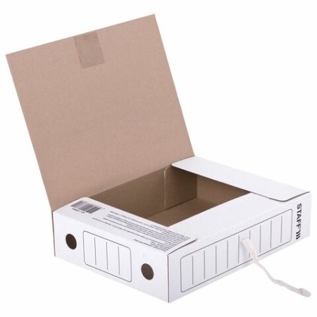 Папка архивная с завязками А4 (325х250мм), 75мм, до 700л, микрогофрокартон, БЕЛАЯ, STAFF, 128869