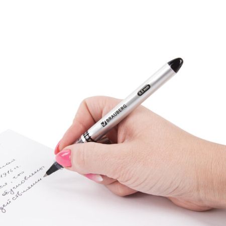 Ручка-роллер BRAUBERG Control, ЧЕРНАЯ, корпус серебристый, узел 0,5мм, линия 0,3мм, 141553