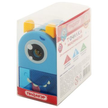 Точилка механическая для ч/гр и цв карандашей, корпус голубой ПИФАГОР Монстрик 1/12