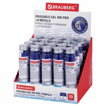 Ручка гелевая синяя 0,35мм + 9 стержней стираемая BRAUBERG 1/20