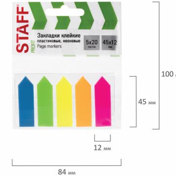Закладки клейкие пластиковые 45х12мм 5цв.х20л неон Стрелки STAFF 1/48
